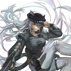 Rule 34 | animal ears, arknights, bow (weapon), cat ears, cat girl, cat tail, clay (clayjun), crossbow, grey hair, hat, highres, holding, holding weapon, long hair, looking at viewer, military, military hat, military uniform, official alternate costume, schwarz (arknights), schwarz (skyline) (arknights), solo, tail, uniform, weapon, yellow eyes