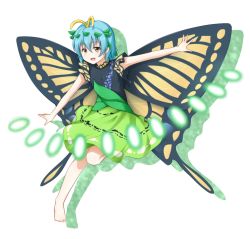 Rule 34 | 1girl, antennae, aqua hair, barefoot, blush, brown eyes, butterfly wings, danmaku, dress, eternity larva, fairy, full body, green dress, hair between eyes, insect wings, leaf, leaf on head, multicolored clothes, multicolored dress, open mouth, short hair, short sleeves, simple background, single strap, smile, solo, touhou, white background, wings, yyi