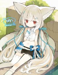 Rule 34 | 1girl, ahoge, animal ear fluff, animal ears, bare shoulders, commentary request, commission, ears down, fox ears, fox girl, fox tail, highres, large ears, long hair, md5 mismatch, original, red eyes, resolution mismatch, sakurada shiro (hy plus), sakutake (ue3sayu), skeb commission, solo, source smaller, tail, very long hair, white hair