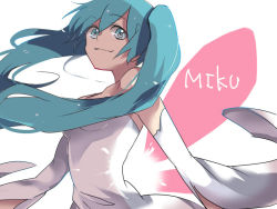 Rule 34 | 1girl, aqua eyes, blue eyes, character name, detached sleeves, dress, hatsune miku, kisarashii, looking at viewer, solo, twintails, vocaloid