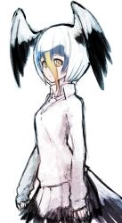Rule 34 | 1girl, bird girl, bird tail, bird wings, blonde hair, cardigan, feathered wings, grey hair, head wings, ise (0425), kemono friends, looking at viewer, masked booby (kemono friends), multicolored hair, necktie, shirt, short hair, simple background, skirt, solo, tail, white hair, wings