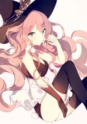 Rule 34 | 1girl, bare shoulders, black gloves, black hat, black thighhighs, blue eyes, breasts, cleavage, corset, detached collar, elbow gloves, eyebrows, flower, gloves, hat, hat flower, holding, holding flower, long hair, looking at viewer, lpip, megurine luka, original, pink flower, pink hair, rabbit tail, simple background, sitting, smelling, solo, tail, thighhighs, thighs, very long hair, vocaloid, wavy hair, white background, witch hat, x-ray