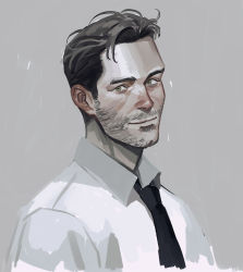 Rule 34 | 1boy, beard, blush, brown hair, cheetahman (1ddghfr78cswc), disco elysium, ear blush, facial hair, green eyes, grey background, harry du bois, highres, looking to the side, male focus, necktie, shirt, simple background, smile, solo, stubble, upper body, white shirt, aged down