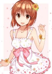 Rule 34 | 1girl, :d, border, bow, bracelet, brown eyes, brown hair, collarbone, cowboy shot, dress, flower, frilled dress, frills, hagiwara yukiho, hair between eyes, hair flower, hair ornament, highres, idolmaster, idolmaster (classic), jewelry, looking at viewer, open mouth, outside border, pink background, pink bow, print dress, short dress, short hair, sleeveless, sleeveless dress, smile, solo, standing, sundress, sunflower, suzumo70, white border, white dress, yellow flower