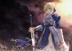 Rule 34 | 1girl, ahoge, armor, armored dress, artoria pendragon (all), artoria pendragon (fate), bad id, bad pixiv id, bae.c, blonde hair, blue bow, blue dress, blurry, blurry background, bow, braid, breastplate, commentary request, day, depth of field, dress, excalibur (fate/stay night), fate/stay night, fate (series), flag, gauntlets, green eyes, hair between eyes, hair bow, hair bun, hand on hilt, juliet sleeves, long sleeves, looking at viewer, outdoors, puffy sleeves, saber (fate), sidelocks, single hair bun, smoke, solo, standing