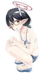 Rule 34 | 1girl, ayane (blue archive), ayane (swimsuit) (blue archive), bare arms, bare shoulders, bikini, bikini top only, black hair, blue archive, blush, breasts, cleavage, collarbone, commentary, denim, denim shorts, flower, full body, glasses, hair flower, hair ornament, halo, head tilt, highres, kokekokko coma, legs, looking at viewer, medium hair, navel, open mouth, pointy ears, red-framed eyewear, sandals, short shorts, shorts, small breasts, solo, squatting, stomach, sweatdrop, swimsuit, thighs, toes, yellow eyes