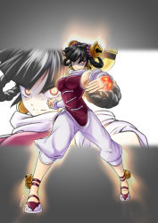 Rule 34 | 1girl, absurdres, ankle bell, arm warmers, armpits, artist name, aura, beads, bell, black hair, braid, braided hair rings, breasts, china dress, chinese clothes, clenched hand, closed mouth, dress, fighting stance, full body, glowing, glowing eyes, glowing hand, grey background, hair bell, hair ornament, hair rings, highres, juhuca, lin lin (one-punch man), medium breasts, one-punch man, orange eyes, palms, pants, prayer beads, purple footwear, red dress, shaded face, shoes, short dress, short hair, signature, simple background, sleeveless, solo, standing, turtleneck, twin braids, two-tone background, white background, white pants, zoom layer