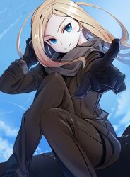 Rule 34 | 1girl, allison &amp; lillia, allison whittington, blonde hair, blue eyes, blue sky, cloud, cloudy sky, commentary request, hand in own hair, long hair, parted bangs, pointing, pointing at viewer, sin gun woo, sky, solo