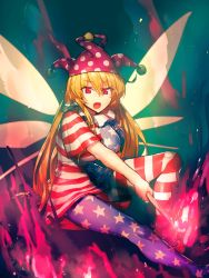 Rule 34 | 1girl, aged up, american flag dress, american flag legwear, blonde hair, breasts, clownpiece, collar, commentary request, fairy wings, fang, fire, frilled collar, frilled shirt collar, frills, hat, highres, jester cap, large breasts, long hair, looking at viewer, melon22, neck ruff, no headwear, open mouth, pantyhose, polka dot, red eyes, revision, shirt, simple background, sitting, solo, star (symbol), striped, torch, touhou, very long hair, wings