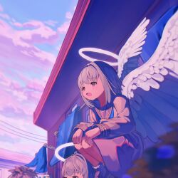 Rule 34 | 2girls, angel, angel wings, blurry, blurry foreground, cloud, cropped, day, drying, drying clothes, feathered wings, grey hair, grey skirt, halo, highres, kagenoyuhi, long sleeves, medium hair, multiple girls, open mouth, original, plant, sailor collar, school uniform, serafuku, skirt, socks, solo focus, squatting, white socks, white wings, wings
