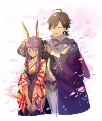 Rule 34 | 1boy, 1girl, ahoge, alternate costume, alternate hairstyle, animal ears, arrow (projectile), bow, brown hair, cherry blossoms, commentary, dark-skinned female, dark-skinned male, dark skin, e (h798602056), earrings, facial mark, fate/grand order, fate (series), fur trim, gloves, hands on another&#039;s head, highres, holding, holding arrow, jackal ears, japanese clothes, jewelry, kimono, long hair, looking at another, looking away, looking down, nitocris (fate), ozymandias (fate), petals, purple eyes, purple hair, short hair, smile, very long hair, yellow eyes