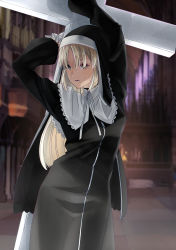 Rule 34 | 1girl, absurdres, arms up, black dress, black hoodie, blonde hair, blurry, blurry background, brown eyes, capelet, church, cross, dress, hair between eyes, hair over one eye, highres, holding, holding cross, hood, hoodie, indoors, long hair, long sleeves, looking at viewer, neck ribbon, nijisanji, nun, open mouth, popura bijutu33, ribbon, sister claire, sister claire (1st costume), solo, standing, traditional nun, very long hair, virtual youtuber, white capelet, white ribbon