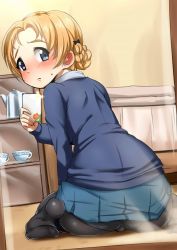 Rule 34 | 10s, 1girl, arched back, arm support, ayuayu (shouyu no sato), bed, bed sheet, between legs, black bow, black pantyhose, blanket, blazer, blonde hair, blue eyes, blue skirt, blush, bow, braid, cameltoe, cellphone, character name, coffee pot, cup, ear blush, girls und panzer, glass, hair bow, hand between legs, indoors, jacket, light, long sleeves, looking at viewer, looking back, mirror, no shoes, on floor, orange pekoe (girls und panzer), pantyhose, phone, pleated skirt, reflection, school uniform, selfie, shelf, short hair, single braid, sitting, skirt, smartphone, solo, taking picture, teacup, wariza