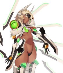 Rule 34 | 1girl, blazblue, blue eyes, bodysuit, breasts, company connection, cosplay, crotch plate, dark-skinned female, dark skin, detached sleeves, guilty gear, guilty gear xrd, headpiece, highres, long hair, mecha musume, mechanical wings, mu-12, mu-12 (cosplay), multiple swords, multiple weapons, navel, necktie, partially undressed, platinum blonde hair, ramlethal valentine, revealing clothes, simple background, small breasts, solo, stomach, suwaiya, thighhighs, thighs, underboob, weapon, white background, wings