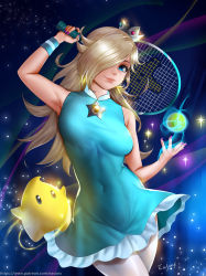 Rule 34 | 1girl, aqua dress, aqua eyes, arm up, armpits, artist name, ball, bare shoulders, blonde hair, breasts, closed mouth, commentary request, covered navel, crown, dress, earrings, easonx, fingernails, frills, gem, hair over one eye, holding, holding racket, jewelry, lips, long hair, looking at viewer, luma (mario), mario (series), mario tennis, mario tennis aces, medium breasts, mini crown, nail polish, navel, nintendo, one eye covered, paid reward available, patreon username, purple nails, racket, rosalina, signature, skin tight, sky, sleeveless, sleeveless dress, smile, solo, space, sparkle, sportswear, star (sky), star (symbol), starry sky, strapless, strapless dress, tennis ball, tennis racket, tennis rosalina, tennis uniform, watermark, web address, wristband