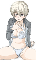 Rule 34 | 1girl, blue bra, blue eyes, blue jacket, blue panties, blush, bra, breasts, bright pupils, camisole, cleavage, clothes lift, commentary, crotch seam, elf (stroll in the woods), frown, girls und panzer, half-closed eyes, highres, jacket, keizoku military uniform, lifting own clothes, long sleeves, looking at viewer, medium breasts, military, military uniform, panties, parted lips, pussy juice, raglan sleeves, shirt, shirt lift, short hair, silver hair, simple background, sitting, solo, spread legs, sweat, textless version, track jacket, underwear, uniform, white background, white pupils, white shirt, youko (girls und panzer)