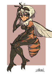 Rule 34 | 1girl, :t, antennae, bee girl, blush, border, breasts, brown background, brown eyes, closed mouth, commentary, english commentary, extra eyes, eyelashes, fewer digits, full body, fur collar, hand up, arthropod girl, insect wings, looking at viewer, medium breasts, monster girl, original, short hair, signature, simple background, solo, white border, white hair, wings, zakusi