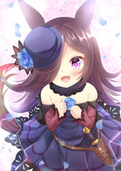 Rule 34 | 1girl, animal ears, blue flower, blue hat, blue rose, blush, brown hair, commentary request, dagger, dress, dress flower, falling petals, fascinator, floral background, flower, fur collar, hair over one eye, hat, hat flower, highres, horse ears, horse girl, horse tail, knife, long hair, long sleeves, looking at viewer, off-shoulder dress, off shoulder, petals, pink background, purple dress, purple eyes, red sleeves, rice shower (umamusume), rose, sheath, sheathed, smile, solo, tail, tilted headwear, umamusume, umi suzume, weapon