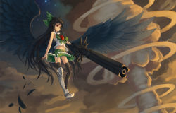 Rule 34 | 1girl, adapted costume, alternate weapon, arm cannon, armor, bird wings, black hair, black thighhighs, black wings, bow, cloud, explosion, feathers, female focus, hddkwar, long hair, mushroom cloud, navel, nuclear weapon, nuclear explosion, nuclear weapon, open mouth, red eyes, reiuji utsuho, sleeveless, solo, star (symbol), thighhighs, third eye, touhou, very long hair, weapon, weapon of mass destruction, wings