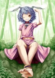 Rule 34 | 1girl, animal ears, anklet, aratama, bad id, bad pixiv id, bamboo, bamboo forest, barefoot, black hair, rabbit ears, carrot, collar, colored eyelashes, eyelashes, feet, female focus, forest, grass, grin, highres, inaba tewi, jewelry, midriff, nature, one eye closed, panties, pendant, short hair, smile, solo, touhou, underwear, wink, yellow eyes