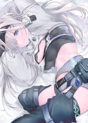 Rule 34 | 1girl, arknights, aurora (arknights), belt, black hairband, black shirt, blue eyes, commentary request, crop top, hair over one eye, hairband, highres, infection monitor (arknights), jacket, long hair, looking at viewer, midriff, moruhinesan, pouch, shirt, shorts, silver hair, smile, solo, thighs, white jacket