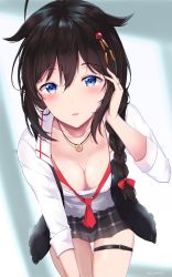 Rule 34 | 1girl, adjusting hair, ahoge, alternate costume, anchor symbol, bad id, bad pixiv id, black skirt, blue eyes, blush, braid, breasts, brown hair, buckle, casual, cleavage, collared shirt, commentary request, cowboy shot, day, hair flaps, hair ornament, hair over shoulder, hair ribbon, highres, jacket, jewelry, kantai collection, leaning forward, long sleeves, looking at viewer, medium breasts, necklace, necktie, open clothes, open jacket, open mouth, red necktie, red ribbon, ribbon, ring, shigure (kancolle), shigure kai ni (kancolle), shirt, short hair, sidelocks, single braid, skindentation, skirt, sleeves rolled up, smile, solo, takaharu, thigh strap, thighs, twitter username, wedding band