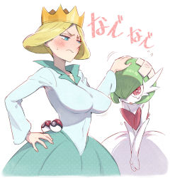 Rule 34 | 2girls, blonde hair, blue eyes, blue shirt, blush, breasts, closed mouth, covered navel, creatures (company), crossed bandaids, crossover, crown, flying sweatdrops, game freak, gardevoir, gen 3 pokemon, green hair, green skirt, hair over one eye, hand on own hip, headpat, hilling (ousama ranking), large breasts, long sleeves, mature female, multiple girls, nintendo, ousama ranking, poke ball, poke ball (basic), pokemon, pokemon (creature), queen, red eyes, shirt, short hair, simple background, skirt, sweat, tears, ter (otokoter), translation request, wavy eyes, wavy mouth, white background
