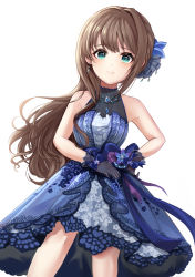 Rule 34 | 1girl, absurdres, bare arms, bare shoulders, black gloves, blue bow, blue dress, blue ribbon, blush, bow, breasts, commentary request, cowboy shot, dress, earrings, floral print, gem, gloves, hair ornament, hand on own hip, highres, idolmaster, idolmaster cinderella girls, idolmaster cinderella girls starlight stage, jewelry, layered dress, long hair, looking at viewer, medium breasts, necklace, print dress, ribbon, shibuya rin, simple background, sleeveless, sleeveless dress, smile, solo, standing, white background, zipgaemi