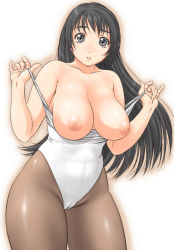 Rule 34 | 1girl, black eyes, black hair, breasts, brown pantyhose, cameltoe, character request, collarbone, crotch seam, curvy, highres, large breasts, leotard, long hair, looking at viewer, nipples, orange brand, pantyhose, simple background, solo, thighs, undressing