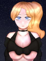 Rule 34 | 1girl, bad id, bad pixiv id, blonde hair, blue eyes, breasts, breasts out, choker, eyebrows, eyeshadow, female focus, highres, kazumiart (kazuartmi), large breasts, looking at viewer, makeup, my story animated, night, night sky, official alternate costume, ponytail, sasha (my story animated), sky, solo, star (sky), star (symbol), starry background, starry sky, upper body