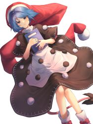 Rule 34 | 1girl, absurdres, bad id, bad pixiv id, blue eyes, blue hair, book, boots, bow, brown capelet, brown dress, capelet, cheunes, closed mouth, commentary request, doremy sweet, dress, dutch angle, expressionless, feet out of frame, floating hair, hair intakes, hat, highres, holding, holding book, light blush, looking at viewer, lying, nightcap, on back, pom pom (clothes), red bow, red hat, short hair, simple background, solo, swept bangs, tail, tapir tail, touhou, white background, white dress