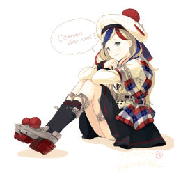 Rule 34 | 1girl, anchor hair ornament, beret, black skirt, black socks, blonde hair, blue hair, buttons, commandant teste (kancolle), double-breasted, french text, full body, hair ornament, hat, kantai collection, kokudou juunigou, long hair, multicolored clothes, multicolored hair, multicolored scarf, panties, pantyshot, plaid, plaid scarf, platform footwear, pleated skirt, pom pom (clothes), red hair, scarf, sitting, skirt, socks, solo, streaked hair, swept bangs, translated, underwear, wavy hair, white hair, white panties
