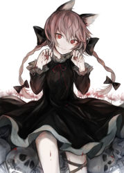 Rule 34 | 1girl, animal ears, black bow, black dress, blood, blood on hands, bow, braid, cat ears, dress, flower, hair bow, hasunokaeru, highres, kaenbyou rin, leg ribbon, long sleeves, paw pose, red eyes, red hair, ribbon, short hair with long locks, simple background, skull, smile, solo, spider lily, standing, touhou, twin braids, white background