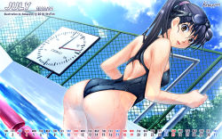 Rule 34 | 1girl, ass, black hair, brown eyes, calendar, clock, competition swimsuit, dutch angle, goggles, goggles on head, highres, kobapyon, long hair, one-piece swimsuit, ponytail, pool, poolside, solo, swimsuit, wallpaper, wet