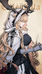 Rule 34 | 1girl, animal ears, antlers, antlers through headwear, arknights, artist name, asa moi, belt, black dress, blonde hair, blue eyes, breasts, candle, cape, cowboy shot, dress, from side, gauntlets, highres, hood, hooded cape, horns, large breasts, long hair, looking at viewer, profile, simple background, smile, solo, very long hair, viviana (arknights), white cape, yellow background