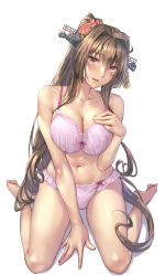Rule 34 | 1girl, blush, bra, breasts, brown eyes, brown hair, cleavage, collarbone, commission, full body, hair intakes, hand on own chest, headgear, highres, kantai collection, kokuzou, large breasts, long hair, looking at viewer, navel, open mouth, panties, pink bra, pink panties, ponytail, sidelocks, simple background, sitting, skeb commission, solo, underwear, underwear only, very long hair, wariza, white background, yamato (kancolle)