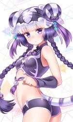 Rule 34 | 1girl, arm warmers, ass, bare shoulders, blush, braid, chinese clothes, crop top, double bun, flat ass, from behind, hair ornament, haku (p&amp;d), jpeg artifacts, long hair, looking back, midriff, multicolored hair, purple eyes, purple hair, puzzle &amp; dragons, shouni (sato3), silver hair, simple background, solo, tail, tiger tail, twin braids, two-tone hair
