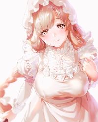 Rule 34 | 1girl, apron, blonde hair, blush, braid, breasts, brown eyes, closed mouth, commentary request, hair between eyes, hataraku saibou, highres, large breasts, long hair, looking at viewer, macrophage (hataraku saibou), maid, maid apron, maid headdress, mery (yangmalgage), simple background, single braid, smile, solo, standing, white background