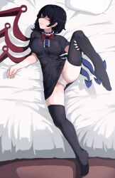 Rule 34 | 1girl, asymmetrical wings, black dress, black hair, black thighhighs, blue wings, blush, bow, bowtie, breasts, buttons, cameltoe, center frills, closed mouth, commentary request, dress, frills, full body, hair between eyes, highres, houjuu nue, impossible clothes, impossible dress, korean commentary, leg lift, looking at viewer, medium bangs, medium breasts, no shoes, on bed, panties, red bow, red bowtie, red eyes, red wings, shaded face, short dress, short hair, short sleeves, solo, son (c100011), thighhighs, touhou, underwear, white panties, wings