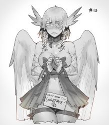 Rule 34 | 1girl, absurdres, blush, bound, bound wrists, braid, breasts, caramel (less), commentary, cowboy shot, english text, feathered wings, feathers, frown, greyscale, griffon (monster girl encyclopedia), hair between eyes, highres, leg ribbon, less, looking at viewer, medium breasts, medium hair, monochrome, monster girl, monster girl encyclopedia, navel, neck ribbon, nose blush, ribbon, ribbon bondage, scales, sign, simple background, solo, thigh ribbon, twin braids, wings