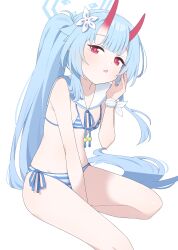 Rule 34 | 1girl, absurdres, bikini, blue archive, blue hair, blunt bangs, chise (blue archive), chise (swimsuit) (blue archive), commentary request, flower, hagoonha, hair between eyes, hair flower, hair ornament, halo, highres, horns, long hair, looking at viewer, official alternate costume, official alternate hairstyle, parted lips, ponytail, red eyes, side-tie bikini bottom, sidelocks, simple background, sitting, skin-covered horns, solo, stomach, striped bikini, striped clothes, swimsuit, whispering, white background, wrist wrap