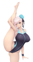 Rule 34 | 1girl, absurdres, asymmetrical hair, bare shoulders, black one-piece swimsuit, blue eyes, blue one-piece swimsuit, blush, breasts, bun cover, cleavage, collarbone, competition swimsuit, fate/grand order, fate (series), fei er, hair bun, hair ribbon, highres, large breasts, leg lift, leg up, legs, long hair, looking at viewer, miyamoto musashi (fate), miyamoto musashi (fate/grand order), miyamoto musashi (swimsuit berserker) (fate), miyamoto musashi (swimsuit berserker) (first ascension) (fate), one-piece swimsuit, pink hair, ribbon, side bun, simple background, single hair bun, single side bun, smile, split, standing, standing on one leg, standing split, swept bangs, swimsuit, thighs, white background