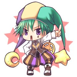 Rule 34 | 1boy, baggy pants, boots, brown footwear, brown pants, brown vest, chibi, clown (ragnarok online), collared shirt, commentary request, crescent, crescent hat ornament, facial tattoo, full body, green hair, green hat, hat, hat ornament, jester cap, long sleeves, looking at viewer, male focus, multicolored clothes, multicolored hat, open mouth, pants, purple eyes, purple hat, ragnarok online, rectangular mouth, sakakura (sariri), shirt, short hair, solo, standing, star (symbol), star hat ornament, tattoo, teardrop tattoo, v-shaped eyebrows, vest, white background, white shirt, yellow hat