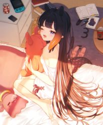 Rule 34 | 1girl, 2nii, animal ears, animal slippers, bare shoulders, barefoot, bed, bed sheet, black hair, brand name imitation, breasts, commentary, cup ramen, drooling, from above, gradient hair, hololive, hololive english, indoors, long hair, meme, morning, multicolored hair, ninomae ina&#039;nis, nintendo switch, nose bubble, off shoulder, one eye closed, open mouth, orange hair, pajamas, pointy ears, purple eyes, sidelocks, sitting, sketchbook, slippers, unworn slippers, small breasts, solo, sunlight, takodachi (ninomae ina&#039;nis), tentacles, tongue, very long hair, virtual youtuber, waking up, wariza, yawning