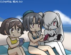 Rule 34 | 3girls, abyssal ship, beach, beret, bikini, black hair, brown hair, cellphone, colored skin, commentary request, dated, day, hair over one eye, hairband, hamu koutarou, hat, kantai collection, long hair, multiple girls, phone, red eyes, shade, short hair, smartphone, southern ocean war princess, strapless, strapless bikini, swimsuit, takao (kancolle), tanikaze (kancolle), twintails, white hair, white skin, yellow eyes