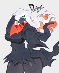 Rule 34 | black skin, blue sclera, breasts, bright pupils, colored sclera, colored skin, creatures (company), darkrai, floating hair, game freak, gen 4 pokemon, hand on own face, highres, large breasts, legendary pokemon, long hair, looking at viewer, multicolored hair, mythical pokemon, navel, nintendo, orange hair, outstretched arm, outstretched hand, pokemon, pokemon (creature), thick thighs, thighs, togetoge, white hair, white pupils, wide hips