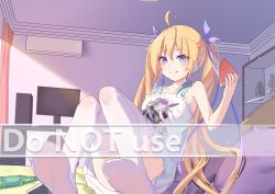 Rule 34 | 1girl, :q, ahoge, bare arms, bare shoulders, blonde hair, blue eyes, bottle, closed mouth, commentary request, computer, dress, english text, food, frilled dress, frills, fruit, hair between eyes, highres, holding, holding food, indoors, long hair, looking at viewer, mo (pixiv9929995), monitor, no shoes, original, sleeveless, sleeveless dress, smile, soles, solo, table, thighhighs, tongue, tongue out, twintails, very long hair, watermark, watermelon, watermelon slice, white dress, white thighhighs
