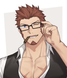 Rule 34 | &gt; o, 00047, 1boy, adjusting eyewear, bara, black vest, blue eyes, brown hair, cigarette, collared shirt, cross scar, facial hair, fate/grand order, fate (series), glasses, goatee, highres, long sideburns, looking at viewer, male focus, napoleon bonaparte (fate), one eye closed, pectoral cleavage, pectorals, scar, scar on chest, shirt, short hair, sideburns, smile, solo, upper body, vest, white shirt