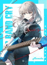 Rule 34 | 1girl, absurdres, black coat, black nails, black necktie, black shorts, character name, coat, commentary request, copyright name, earrings, electric guitar, floating hair, girls band cry, grey eyes, grey hair, grin, guitar, highres, holding, holding guitar, holding instrument, holding plectrum, instrument, jewelry, kawaragi momoka, korean commentary, long hair, looking at viewer, necktie, playing guitar, plectrum, fender jazzmaster, shirt, shorts, smile, solo, white shirt, yuhaw0v0