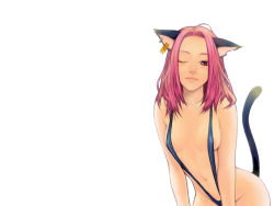 Rule 34 | 1girl, ahoge, animal ears, areola slip, artist request, breasts, cat ears, cat tail, ear piercing, ear tag, earrings, jewelry, leaning forward, lipstick, makeup, one eye closed, piercing, pink hair, red eyes, short hair, simple background, single earring, slingshot swimsuit, small breasts, smile, solo, swimsuit, tail, wink